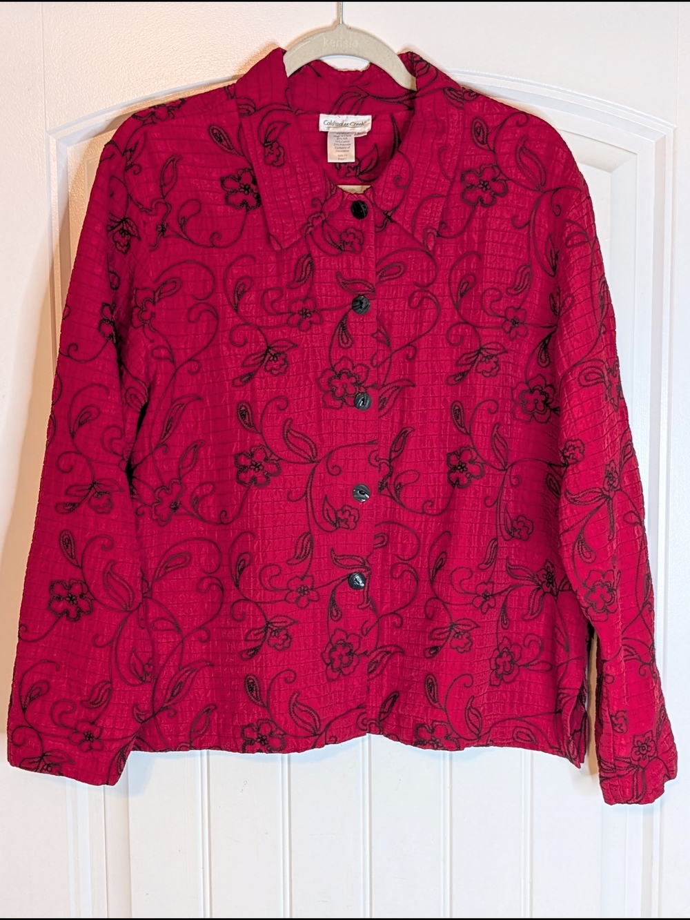 Vintage Coldwater Creek Red and Black Embroidered Silk Blend Button Down